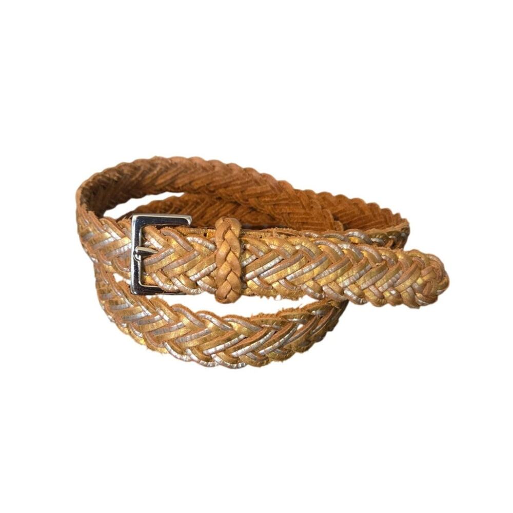 Solid brass silver square buckle braided silver gold mixed metals leather belt L